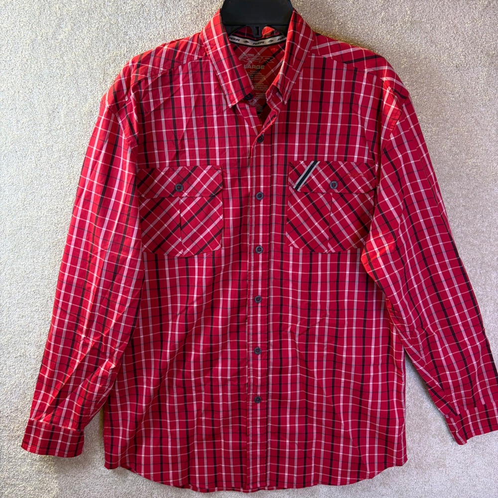 Polaris RZR Button Shirt Men Large Red Plaid Ensenada Peninsula Run Long‎ Slv - Picture 2 of 9